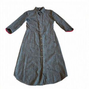 Midi Denim Shirt Dress Faded Black Jean Dress Red Trim Snap ButtonsTRISTAN Small